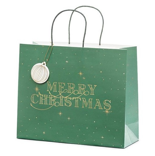 Vánoční taška dárková Merry Christmas, zelená, 32,5x26,5x11,5cm