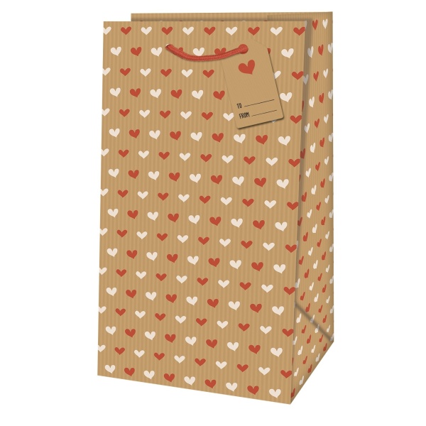 Taška dárková Piccolo přírodní se srdíčky 11 x 6,5 x 21 cm