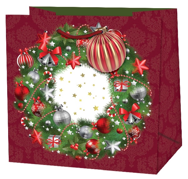 Taška dárková čtvercová červená Vánoční věnec 15 x 14,5 x 6 cm