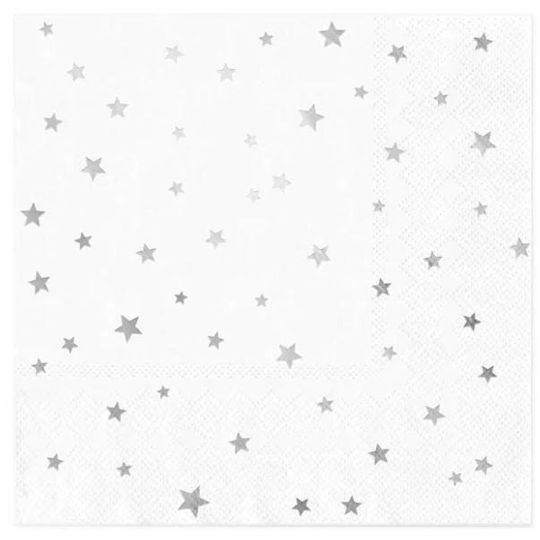 Levně Ubrousky papírové bílé se stříbrnými hvězdami 33 x 33 cm 10 ks