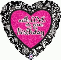 BALÓNEK fóliový Srdce černo-růžové With Love On Your Birthday 46cm