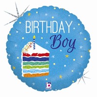 BALÓNEK fóliový holografický Birthday Boy s kusem dortu 46cm