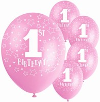 BALÓNKY latexové 1. narozeniny perleťově růžové 30cm 5ks