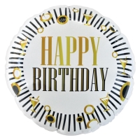 Balónek fóliový Happy Birthday proužky a kolečka černá/zlatá 46 cm