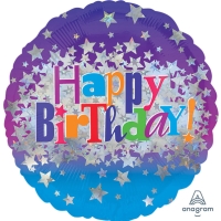 Balónek fóliový kulatý Happy Birthday holografické hvězdy 45 cm
