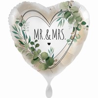 Balónek fóliový srdce Mr & Mrs Listy 43 cm