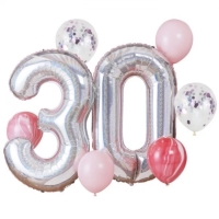 Balónkový buket mix s číslicí 30 růžová/stříbrná