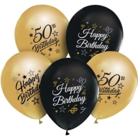 Balnky latexov Happy 50 Birthday ern/zlat 30 cm 5 ks