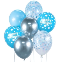 Balónky latexové Happy Birthday stříbrné/modré s puntíky 30 cm 7 ks