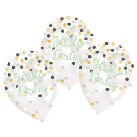 Balónky latexové průhledné s konfetami "Hello Baby" 6 ks 27,5 cm