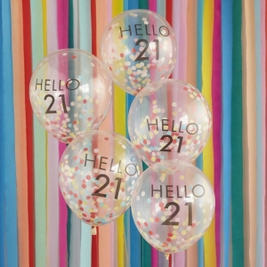 Balnky latexov transparentn  Hello 21 s konfetami 30 cm 5 ks