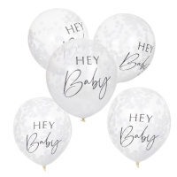 Balónky latexové transparentní s konfetami Hey Baby 30 cm 5 ks
