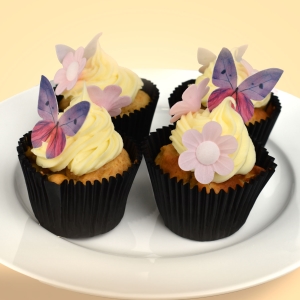 Dekorace na dort z jedlho papru Kvty 5 ks a motli 4 ks Lila