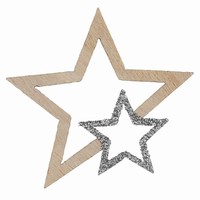 KONFETY hvězdy dřevěné stříbrné s glitry 3,5x4cm 12ks