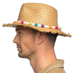 Klobouk slaměný s barevnými kuličkami