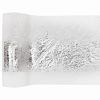 ŠERPA stolová bílá kožešina se stříbrným dekorem 14cm x 3m