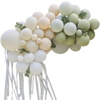 Set balónků na balónkový oblouk s listy a stuhami šalvějová/broskvová/bílá 70 ks