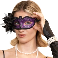 Škraboška karnevalová černo-fialová s květinou