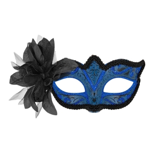 Škraboška karnevalová černo-modrá s květinou