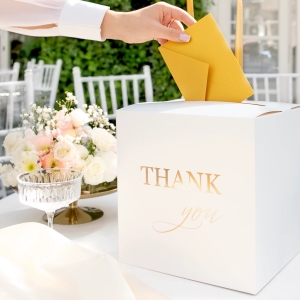 Svatebn� box na p��n� "Thank you" b�l� a zlat� 24 x 24 x 24 cm