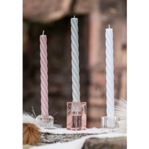 Svícen skleněný na úzkou svíčku Kvádr pastelově růžový 4 x 4 x 8 cm