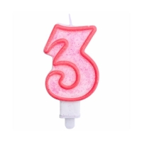 Svíčka číslo 3 růžový obrys s glitry 8 cm