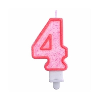 Svíčka číslo 4 růžový obrys s glitry 8 cm
