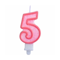 Svíčka číslo 5 růžový obrys s glitry 8 cm