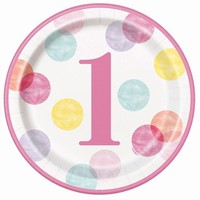 TALÍŘE papírové 1. narozeniny s růžovými puntíky 8ks