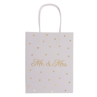 Taška dárková Mr & Mrs. bílá se zlatými puntíky 18 x 23 x 8 cm