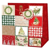 Taška dárková čtvercová  Vánoční patchwork červená/zelená 15 x 14,5 x 6 cm
