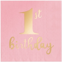 Ubrousky papírové růžové 1. narozeniny 33x33 cm 10 ks