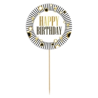 Zápich na dort Happy Birthday proužky a kolečka černo-zlatý 10 cm
