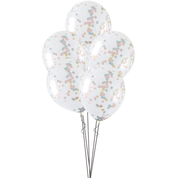 Balónky latexové transparentní s konfetami Hvězdy růžové/modré/zlaté 40 cm 5 ks