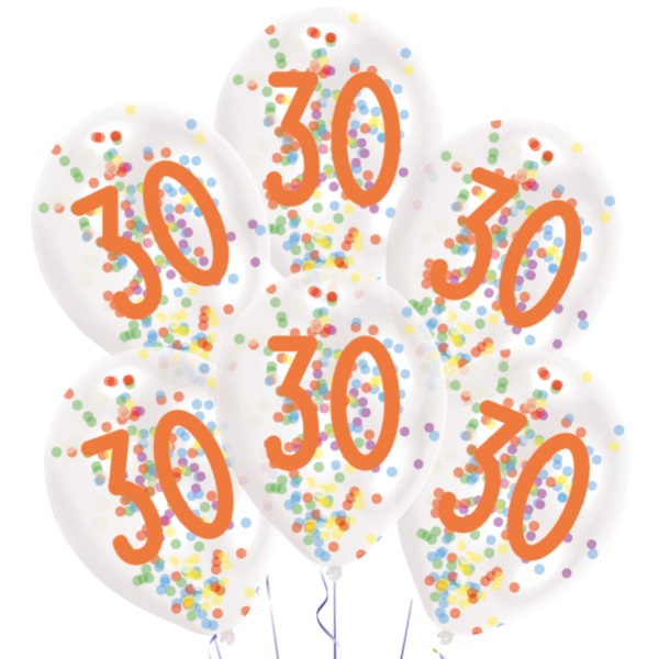 Balónky latexové transparentní s konfetami "30" 27,5 cm 6 ks