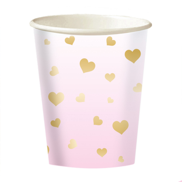 Kelímky papírové růžové ombré se zlatými srdíčky 250ml 8ks