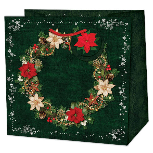 Taška dárková Medium zelená Vánoční věnec 20 x 20 x 9 cm