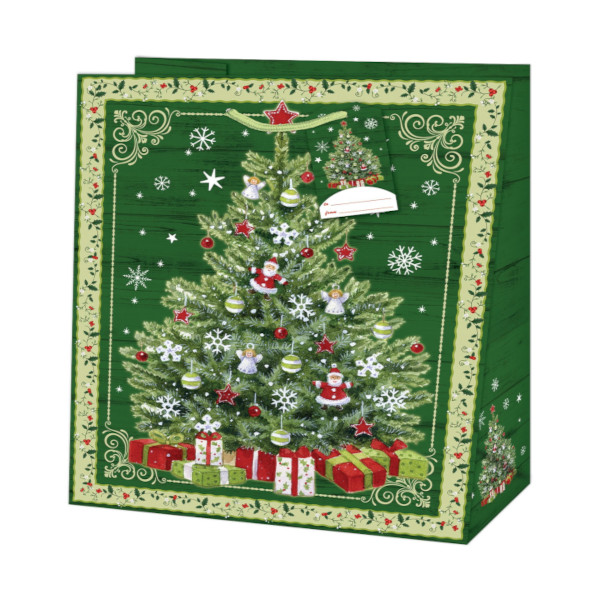 Taška dárková čtvercová zelená Vánoční stromeček 15 x 14,5 x 6 cm
