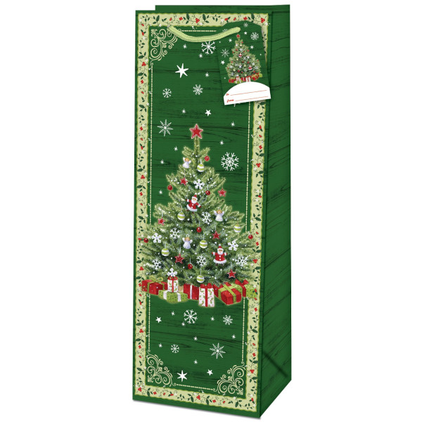 Taška dárková na láhev zelená Vánoční stromeček 36 x 12,6 x 8,9 cm