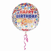 BALÓNEK fóliový ORBZ Happy Birthday s konfetami 38x40cm