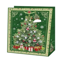 Taška dárková čtvercová zelená Vánoční stromeček 15 x 14,5 x 6 cm