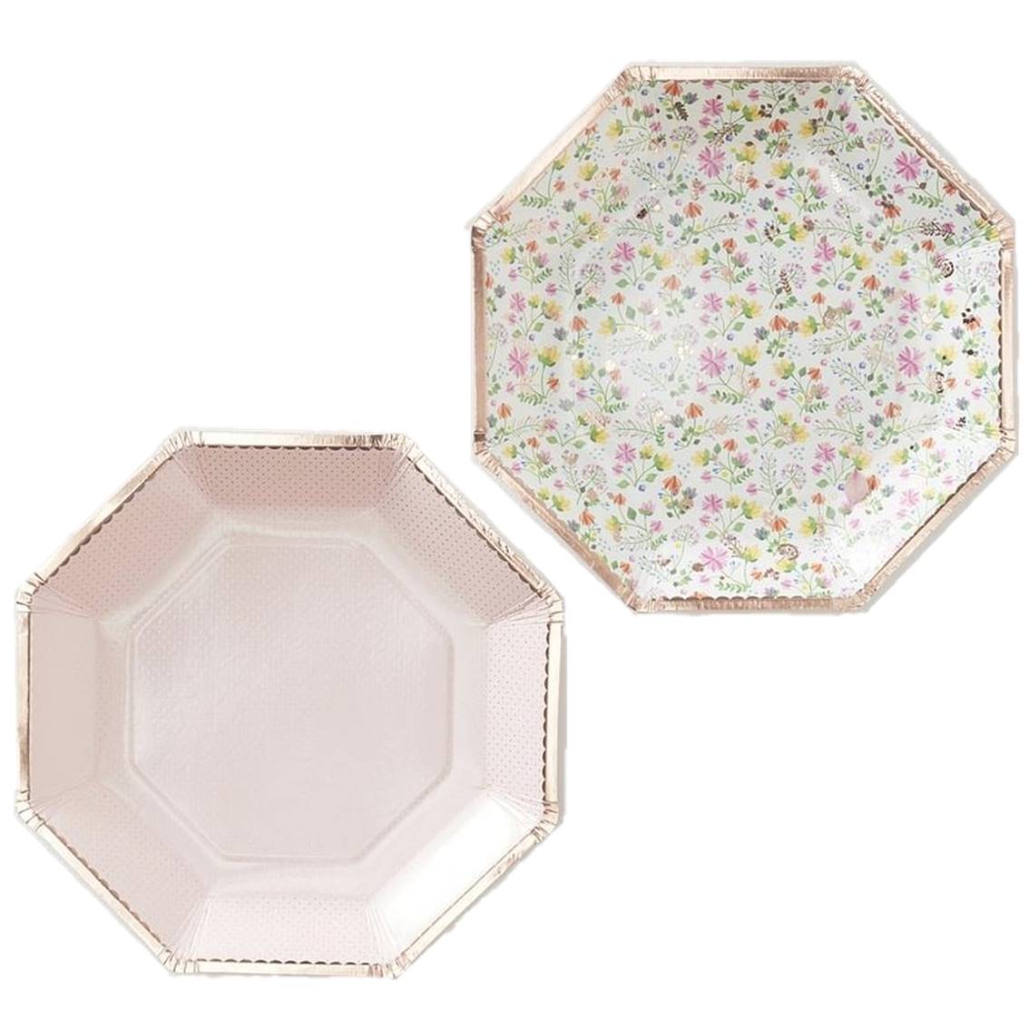 TALÍŘE papírové osmihranné květinové Rose Gold 23cm 8ks
