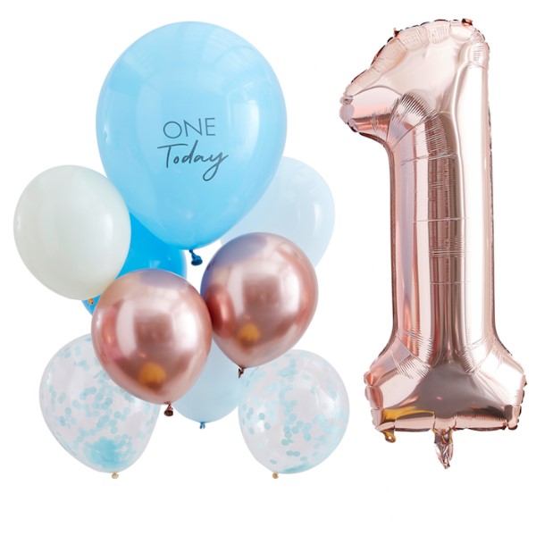 Set balónků 1. narozeniny modré/Rose Gold 10 ks