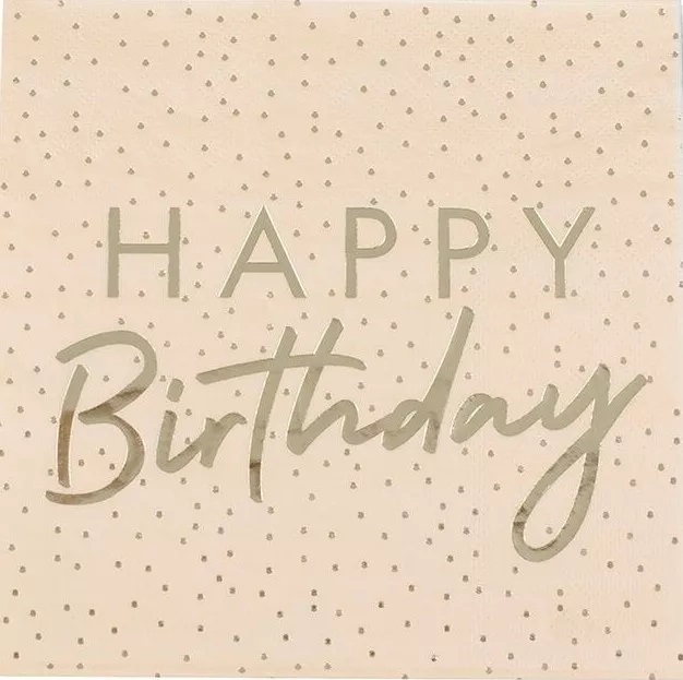 Happy Birthday - ubrousky broskvové se zlatými puntíčky 32 x 32 cm 16 ks