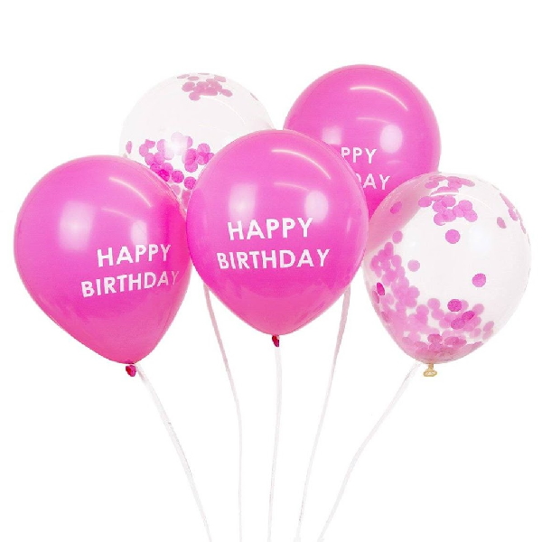Balónky latexové růžové a konfety Happy Birthday 30 cm 5 ks