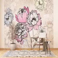 Vliesová fototapeta na zed' Tuší kreslené květy | 375 x 270 cm | FTNXXL 1230